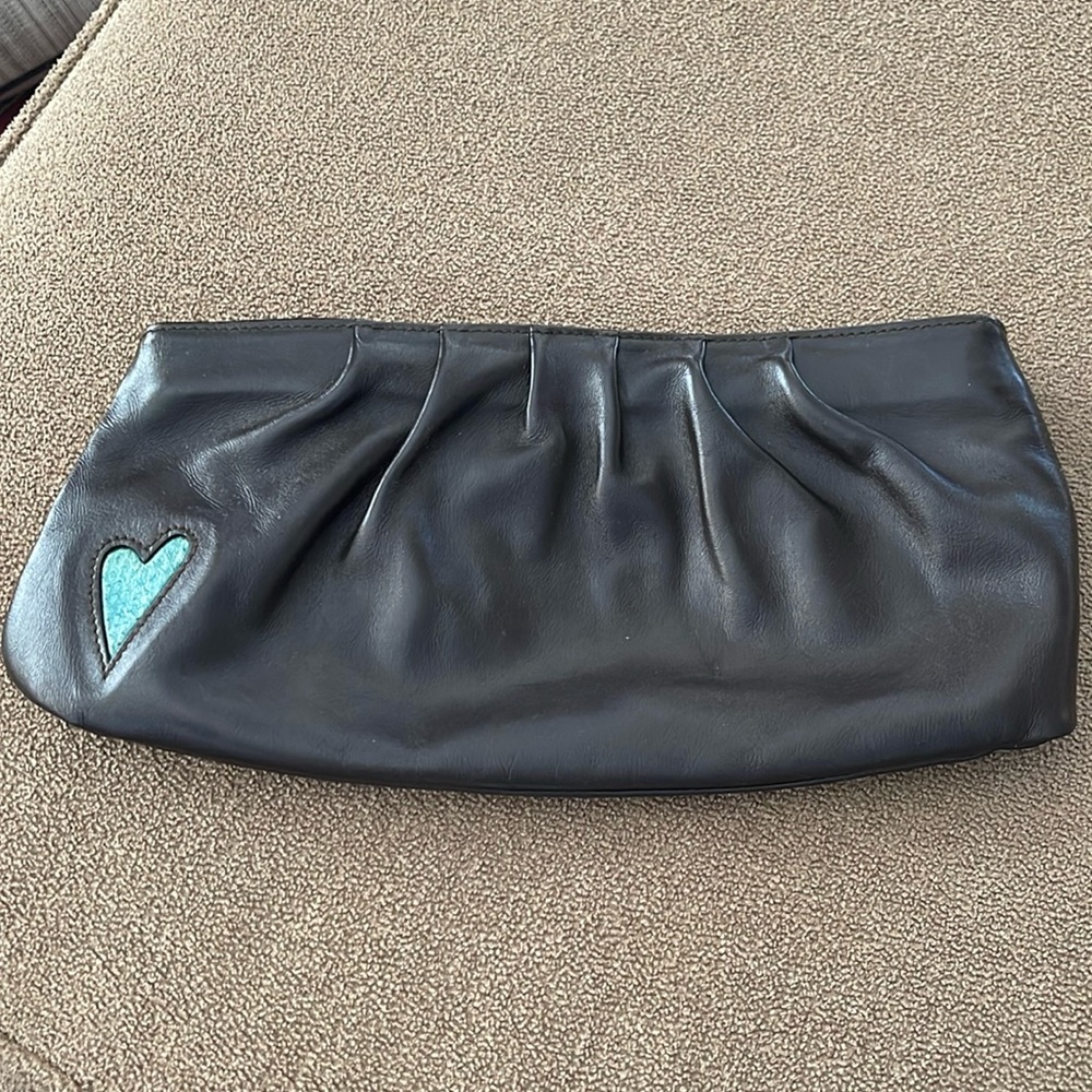 T Bags Los Angeles Clutch Pouch Purse Brown with Blue Heart (TD)